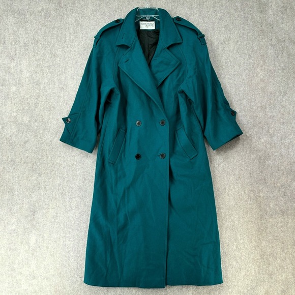 GORGEOUS‎ VTG International Wool Teal Trench Coat Womens 9/10 Double Breasted